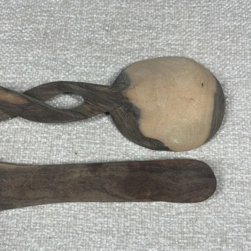 Vtg Olive Wood Twisted Handle Salad Servers Utensils Carved Spork & Spoon Tongs